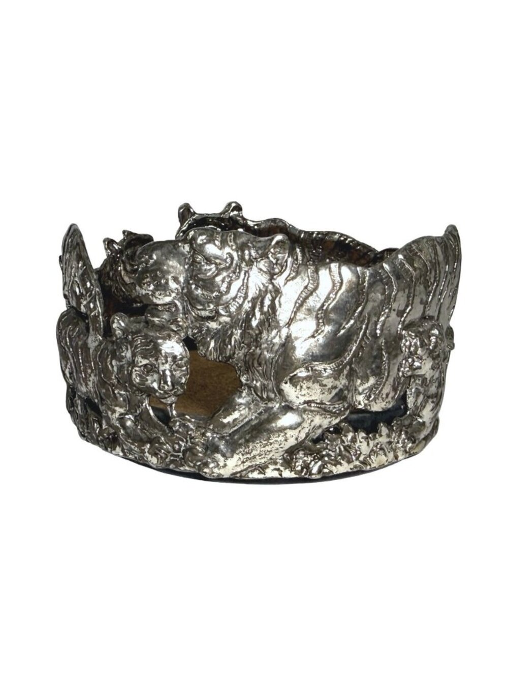 Silver-Plated Wine Bottle Coaster Tiger Design with black Marble base